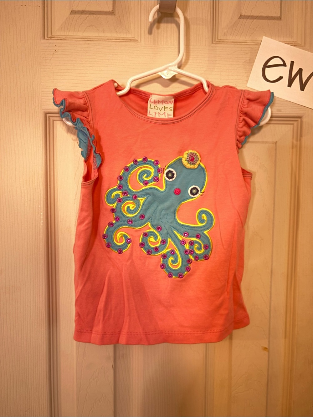 Lemon Loves Lime Coral Tank with Blue Octopus Appliqué